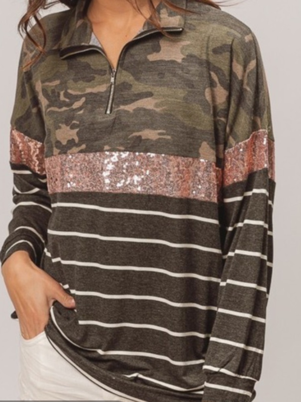 Bibi Camouflage Pink Sequin Rayon Knit Top